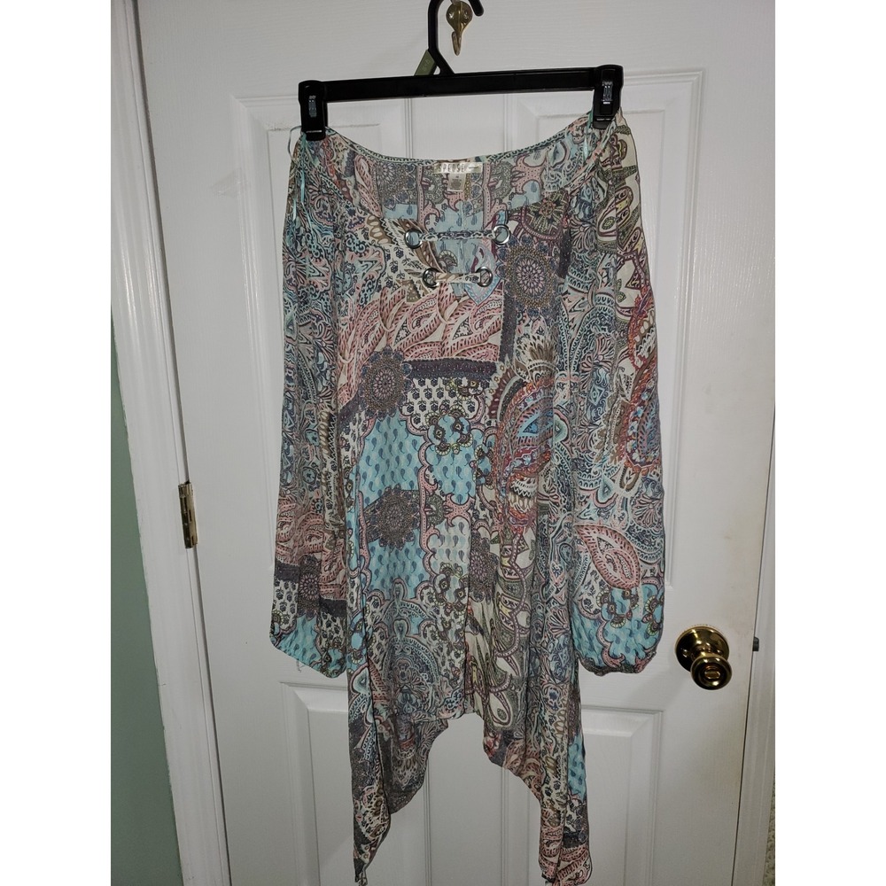 Spense Woman 3X Paisley Sharkbite Hem Tunic Top Blue Pink Grommet Neck Blouse